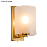 Post Modern Brass Finish Wall Lamp With Clear/Textured White Glass - Cylindric Sconce Design (1