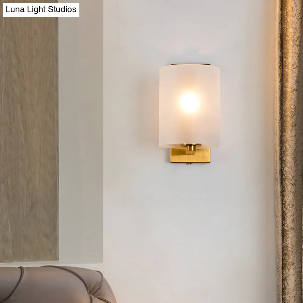 Post Modern Brass Finish Wall Lamp With Clear/Textured White Glass - Cylindric Sconce Design (1