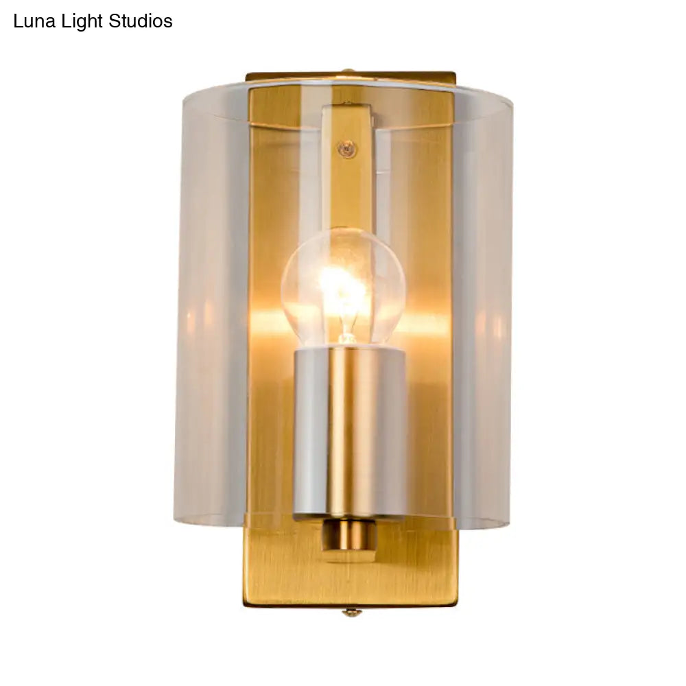 Post Modern Brass Finish Wall Lamp With Clear/Textured White Glass - Cylindric Sconce Design (1