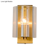 Post Modern Brass Finish Wall Lamp With Clear/Textured White Glass - Cylindric Sconce Design (1