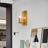 Post Modern Brass Finish Wall Lamp With Clear/Textured White Glass - Cylindric Sconce Design (1