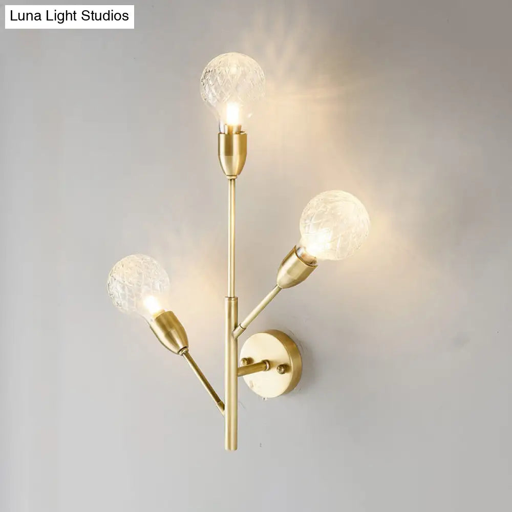 Post-Modern Brass Wall Sconce With Clear Lattice Glass And 3 Branch Lights