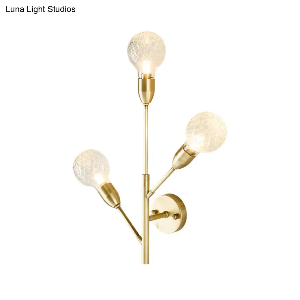 Post-Modern Brass Wall Sconce With Clear Lattice Glass And 3 Branch Lights