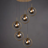 Post-Modern Cluster Ball Pendant Light Fixture With Brass Finish & Glass Shades - 5 Bulb Suspension