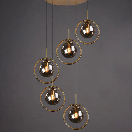 Post-Modern Cluster Ball Pendant Light Fixture With Brass Finish & Glass Shades - 5 Bulb Suspension