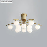 Post-Modern Modo Flush Mount White Glass 12-Head Led Semi Close Ceiling Lamp - Brass Finish