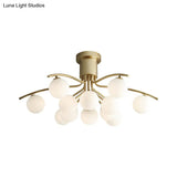 Post-Modern Modo Flush Mount White Glass 12-Head Led Semi Close Ceiling Lamp - Brass Finish