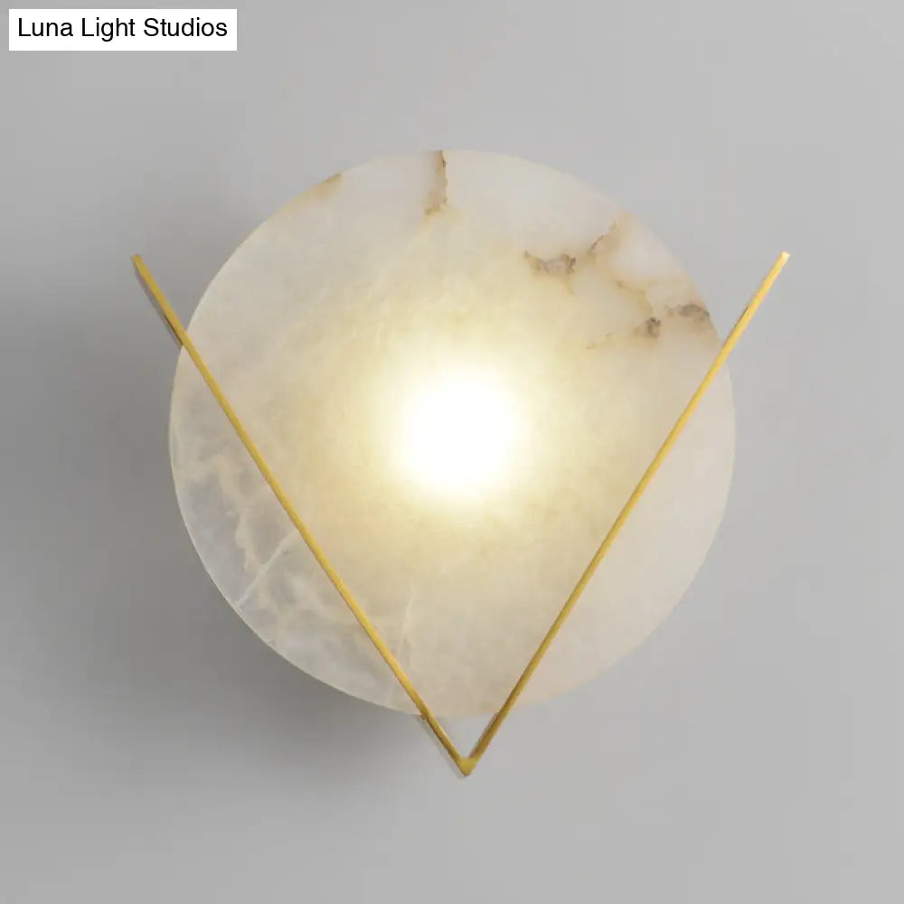 Post-Modern Round Panel Wall Light Sconce - Marble Bedside Lamp Fixture With Brass V Deco