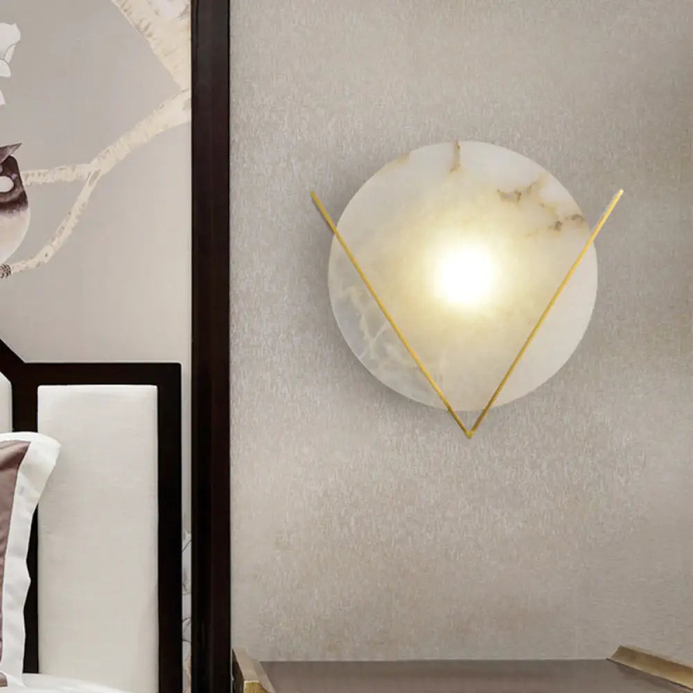 Post-Modern Round Panel Wall Light Sconce - Marble Bedside Lamp Fixture With Brass V Deco