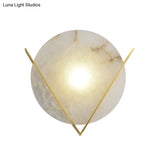 Post-Modern Round Panel Wall Light Sconce - Marble Bedside Lamp Fixture With Brass V Deco