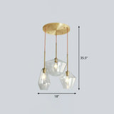 Postmodern 3-Head Gemstone Glass Pendant Light With Brass Finish Clear