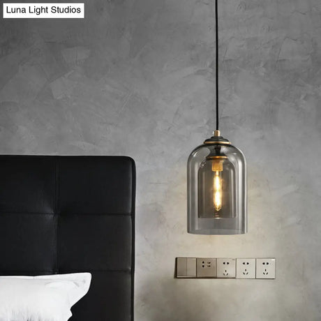 Postmodern Bedroom Hanging Lamp With Double Cloche Glass Shade - 1 Bulb Ceiling Light