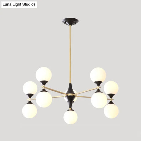 Postmodern Black-Gold Hanging Light With Ivory Glass Shades - 6/8/12 Heads