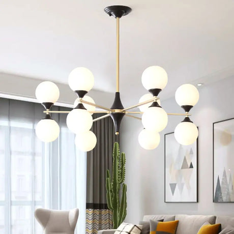 Postmodern Black-Gold Hanging Light With Ivory Glass Shades - 6/8/12 Heads 12 / Gold