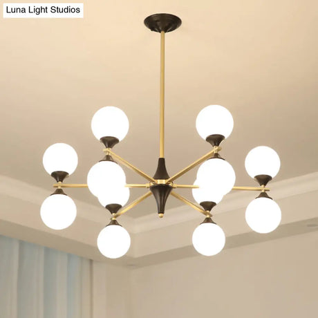 Postmodern Black-Gold Hanging Light With Ivory Glass Shades - 6/8/12 Heads
