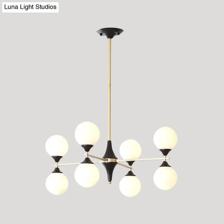 Postmodern Black-Gold Hanging Light With Ivory Glass Shades - 6/8/12 Heads