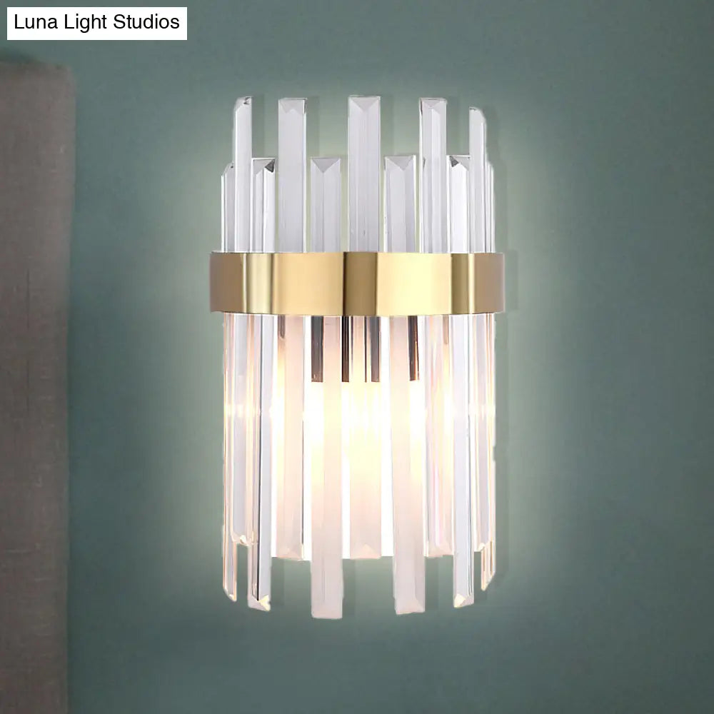 Postmodern Black/Gold Sconce Light Fixture With Crystal Rod Shade - 2 Heads Bedroom Wall