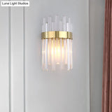 Postmodern Black/Gold Sconce Light Fixture With Crystal Rod Shade - 2 Heads Bedroom Wall