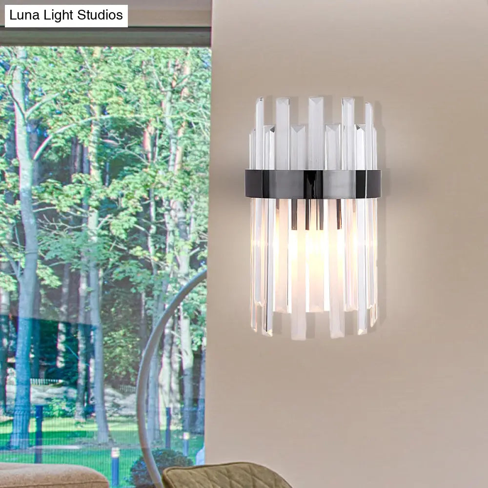Postmodern Black/Gold Sconce Light Fixture With Crystal Rod Shade - 2 Heads Bedroom Wall