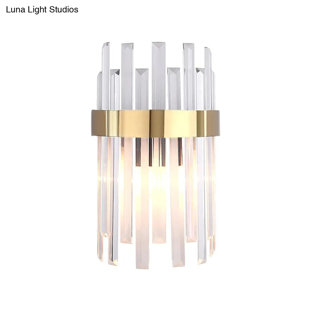 Postmodern Black/Gold Sconce Light Fixture With Crystal Rod Shade - 2 Heads Bedroom Wall