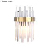 Postmodern Black/Gold Sconce Light Fixture With Crystal Rod Shade - 2 Heads Bedroom Wall