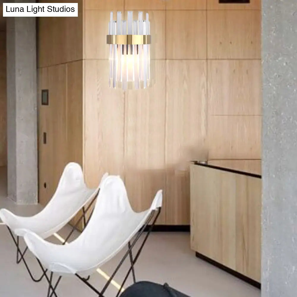 Postmodern Black/Gold Sconce Light Fixture With Crystal Rod Shade - 2 Heads Bedroom Wall