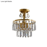 Postmodern Brass Drum Flush Mount Ceiling Light With Crystal Prism - 3 Lights