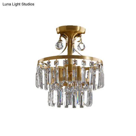 Postmodern Brass Drum Flush Mount Ceiling Light With Crystal Prism - 3 Lights