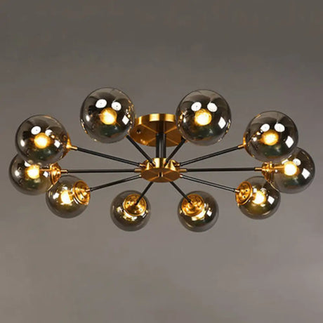 Postmodern Brass Finish Radial Ceiling Lamp With Glass Ball Shade 10 / Smoke Gray