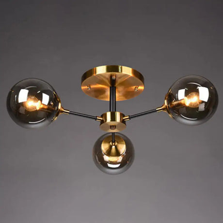 Postmodern Brass Finish Radial Ceiling Lamp With Glass Ball Shade 3 / Smoke Gray