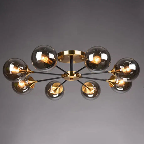 Postmodern Brass Finish Radial Ceiling Lamp With Glass Ball Shade 8 / Smoke Gray