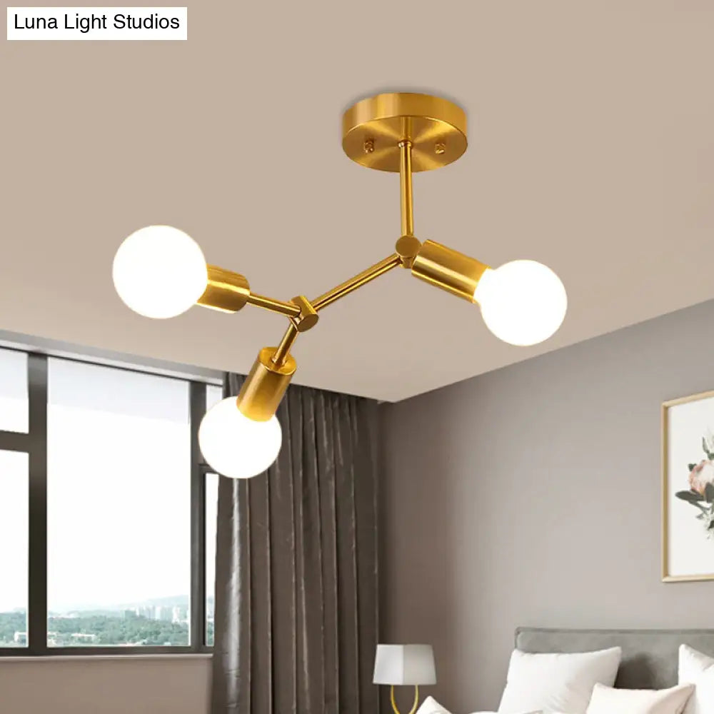 Postmodern Brass Flush Mount Lighting With Rotating Metal Molecule Design