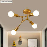 Postmodern Brass Flush Mount Lighting With Rotating Metal Molecule Design