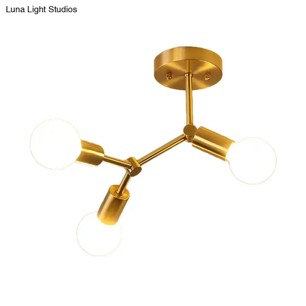 Postmodern Brass Flush Mount Lighting With Rotating Metal Molecule Design