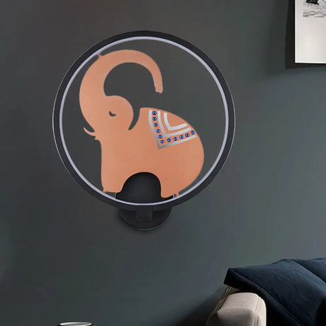 Postmodern Circular Metallic Mural Lamp: Led Elephant Wall Lighting Fixture In