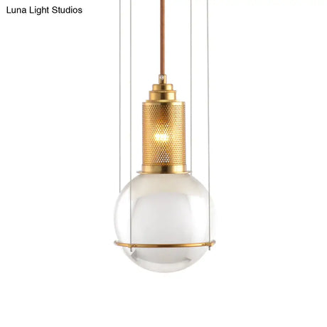 Postmodern Clear Glass Ball Pendant Ceiling Light With Gold Mesh Top - Single Hanging Lamp Kit