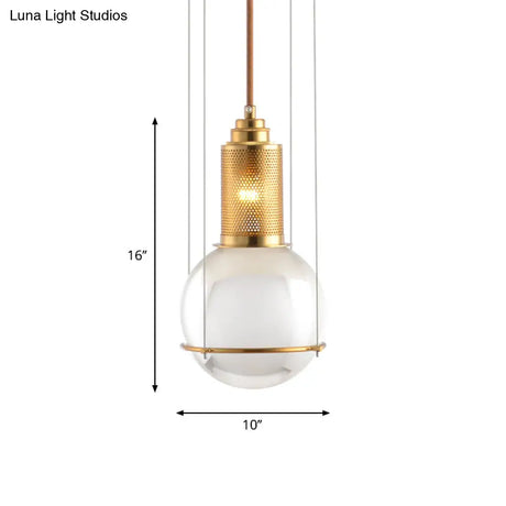 Postmodern Clear Glass Ball Pendant Ceiling Light With Gold Mesh Top - Single Hanging Lamp Kit