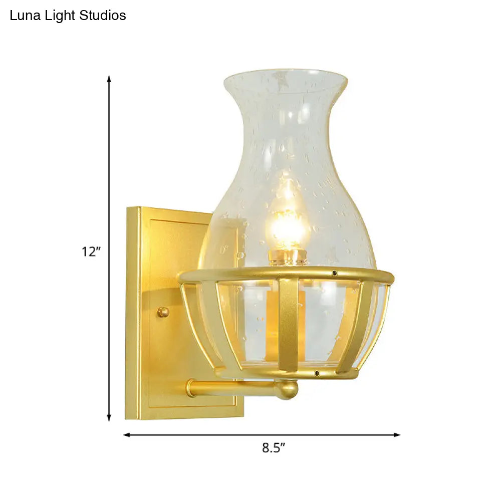 Postmodern Clear Glass Vase Sconce Light Fixture - Gold Wall Mounted Lamp With Basket Base