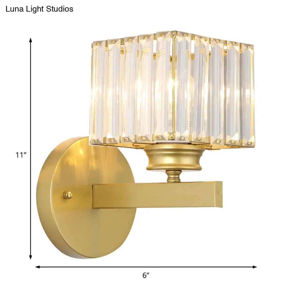 Postmodern Crystal Block Wall Sconce With Brass/Black Backplate For Bedroom