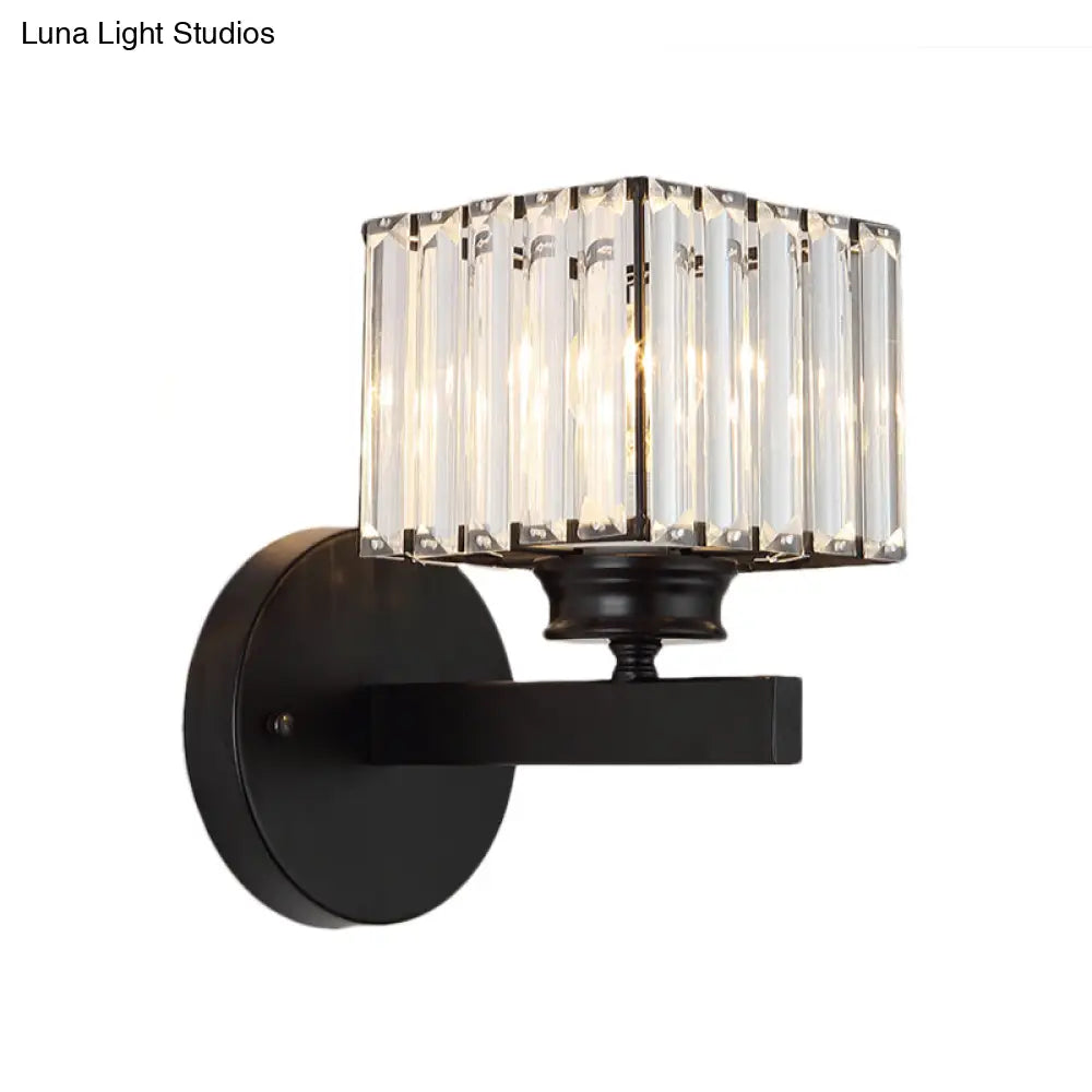 Postmodern Crystal Block Wall Sconce With Brass/Black Backplate For Bedroom