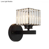 Postmodern Crystal Block Wall Sconce With Brass/Black Backplate For Bedroom