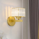 Postmodern Crystal Block Wall Sconce With Brass/Black Backplate For Bedroom Brass
