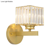 Postmodern Crystal Block Wall Sconce With Brass/Black Backplate For Bedroom