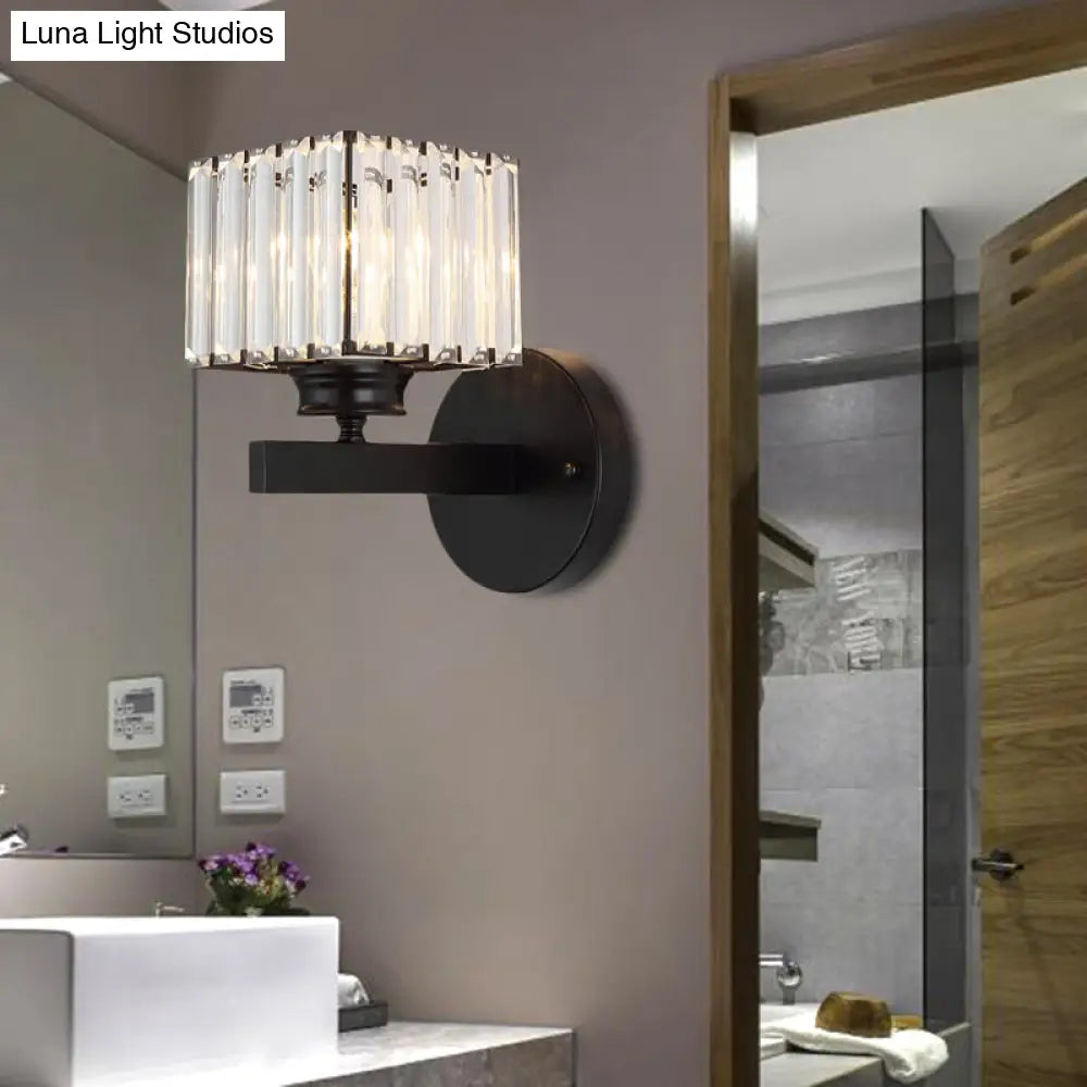Postmodern Crystal Block Wall Sconce With Brass/Black Backplate For Bedroom