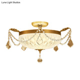 Postmodern Crystal Brass Dome Ceiling Mount Light - Semi Flush Fixture For Dining Room