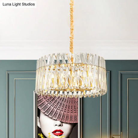 Postmodern Crystal Chandelier Lamp - Round Tri-Sided Rod Style 8/10 Lights Gold Finish Hanging Light