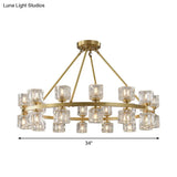 Postmodern Crystal Cube Gold Chandelier - Circle Dining Pendant With 6/12/28 Lights