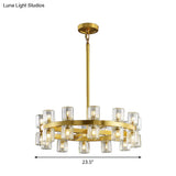Postmodern Crystal Pendant Chandelier: Sleek Brass Circular Design With 24 Bulbs For Dining Room