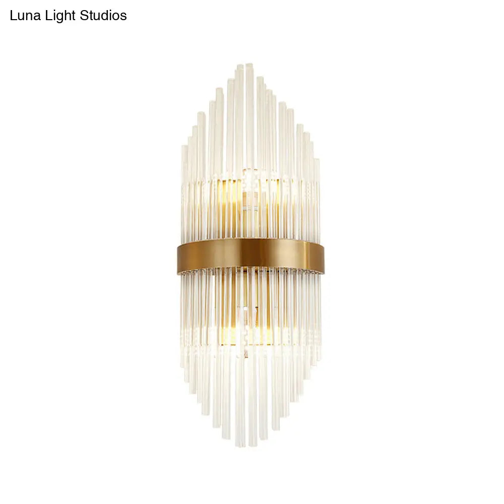 Postmodern Crystal Rod Shield Wall Mount Sconce Light For Living Room - Gold Finish 2/3 Heads