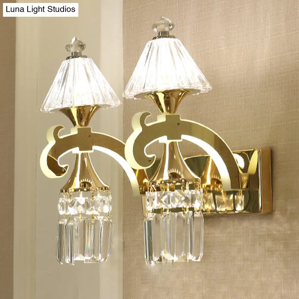 Postmodern Crystal Wall Sconce With Gold Mount And Dangling Rods - Half Bulb Lighting